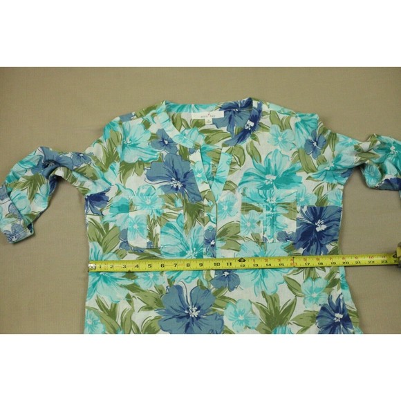 Ecco Bay Sz M Womens Linen/Rayon Tunic Shirt V-neck Roll Tab Pockets Floral EUC - Picture 7 of 10